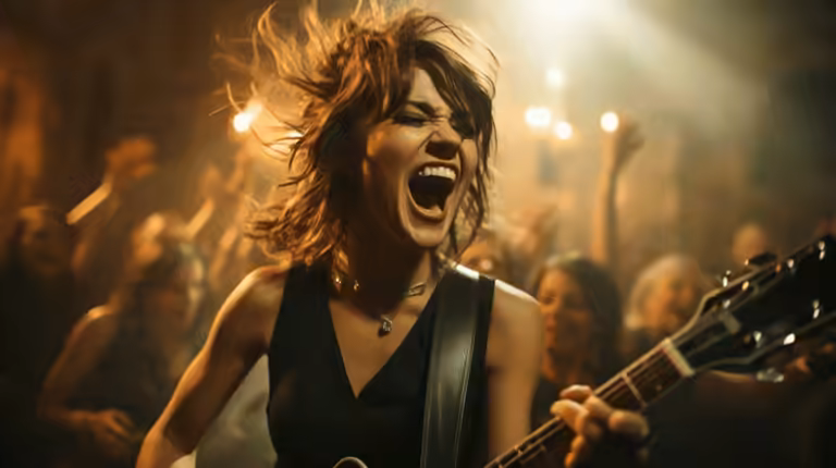 Rockmusik Hochzeit Titelbild Frau spiel Egitarre