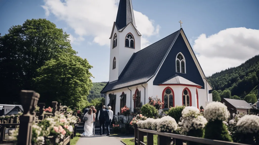 Außenansicht einer Kirche im Sonnenlicht für die Trauung