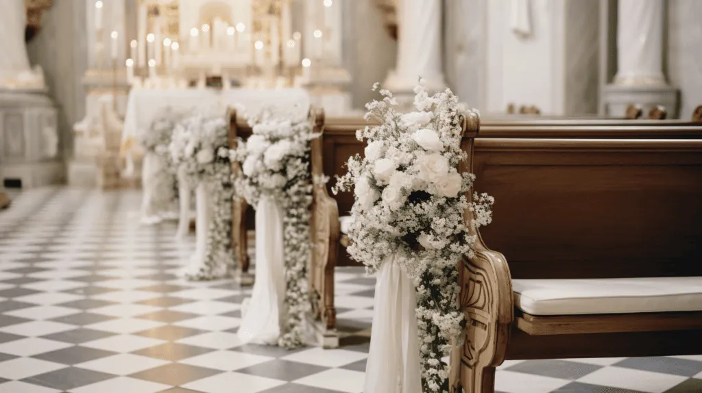 Kirchendekoration mit Blumen und Kerzen für eine Hochzeit