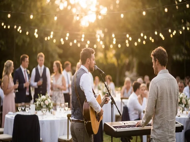 Coverband spielt live auf einer Hochzeitsfeier im Garten