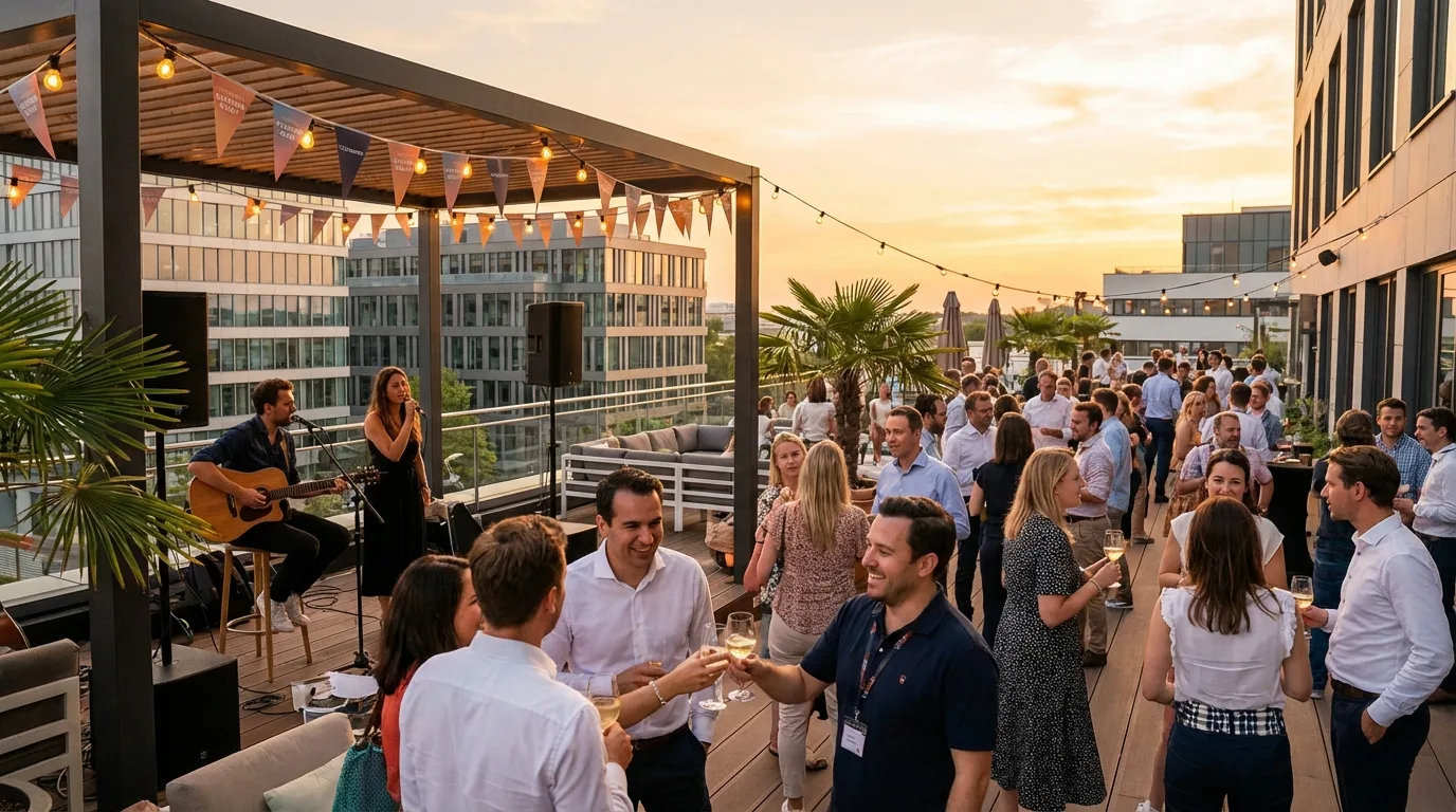 Firmenfeier mit Liveband auf Rooftop-Terrasse