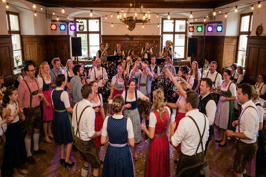 Volle Tanzfläche bei Hochzeitsparty in München mit Live-Musik