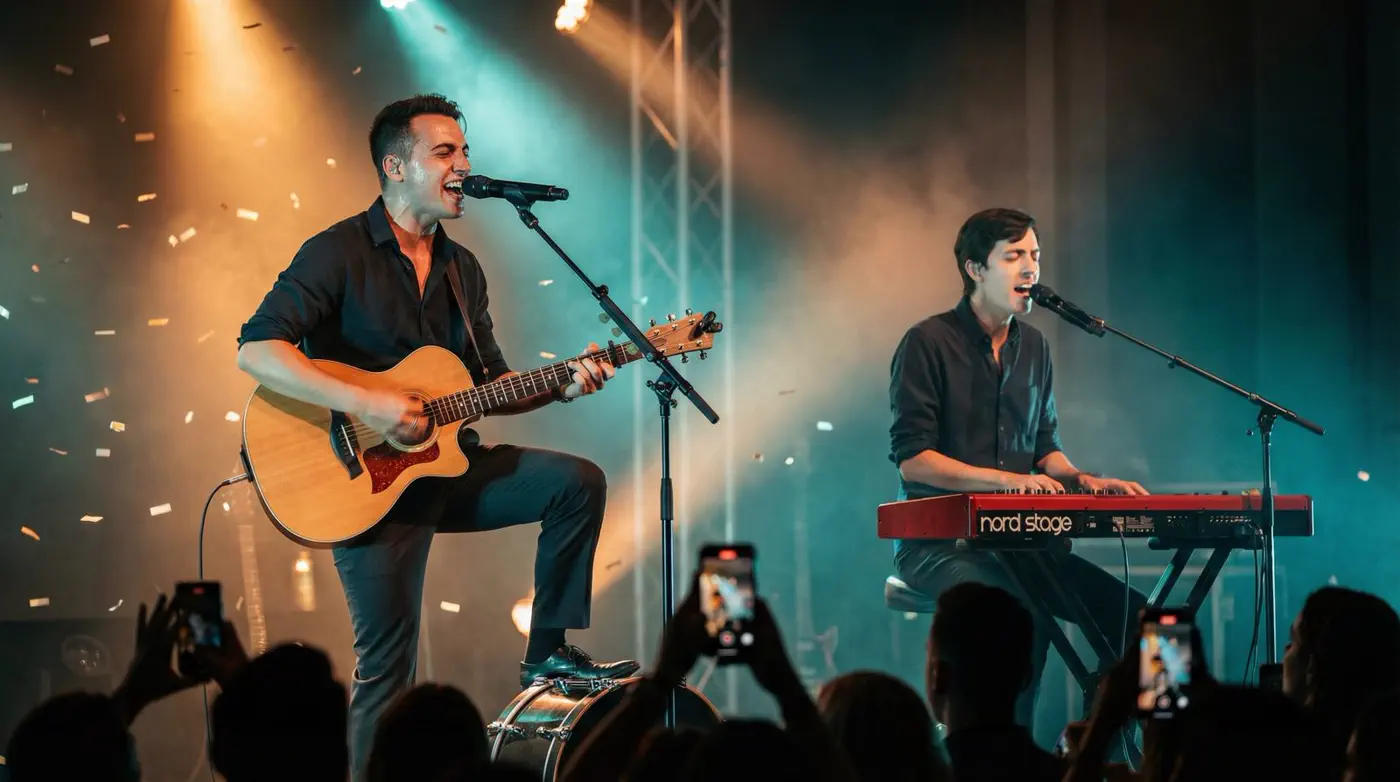 Partyband live auf der Bühne – Mitchy und André performen vor begeistertem Publikum